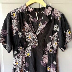 Free People Hawaii Floral Print V-Neck Mini Dress, Black Purple, M